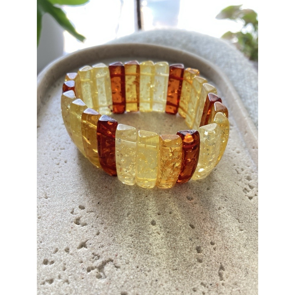 Earthy‎ Stretch Bracelet Butterscotch Honey Cognac Resin Panel Links Chunky